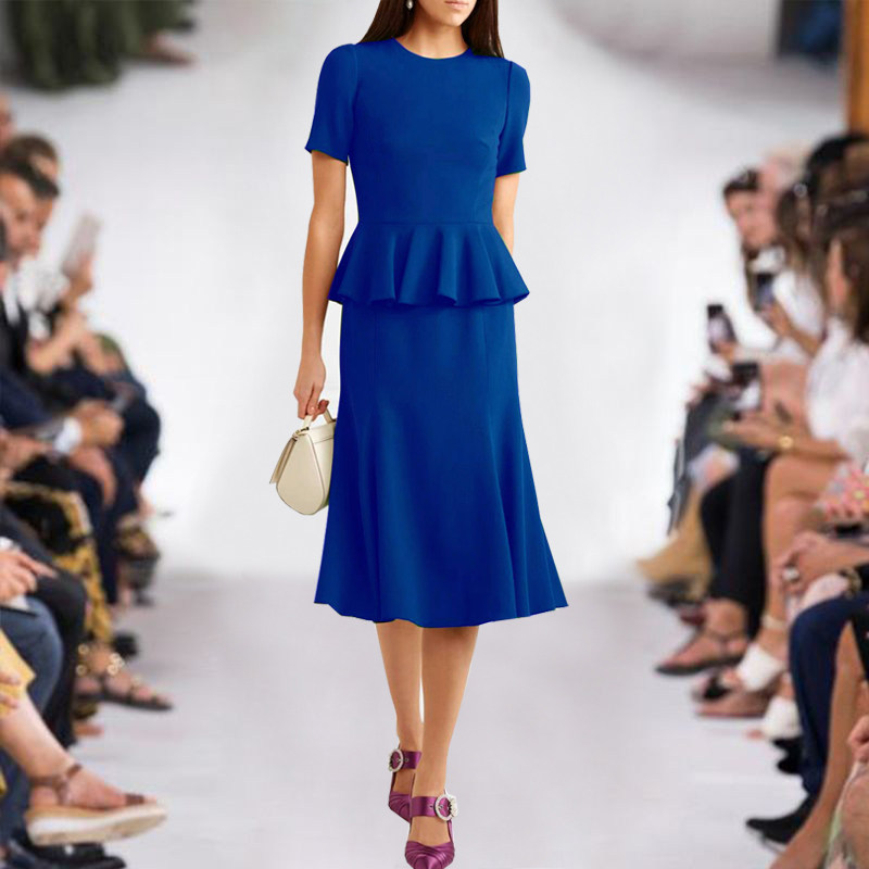 欧洲站2020年夏季走秀新款高端职业女装优雅时尚ol气质蓝色连衣裙