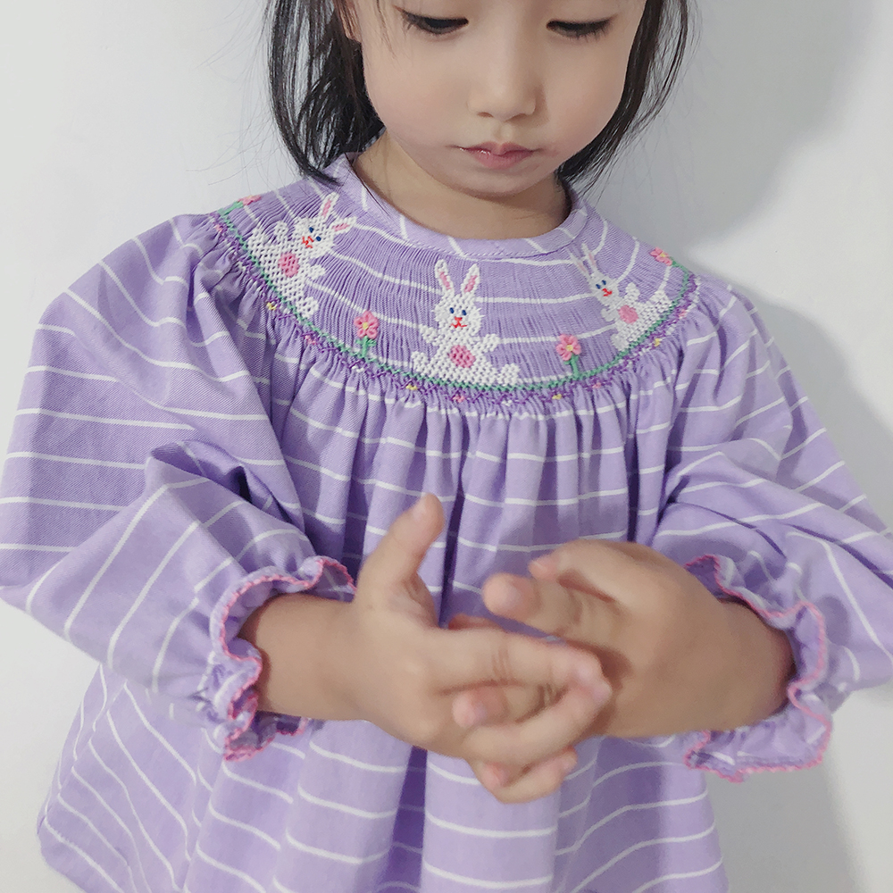 【自制】秋冬新款女宝宝紫色条纹长袖套装手工打揽裙可爱兔子刺绣