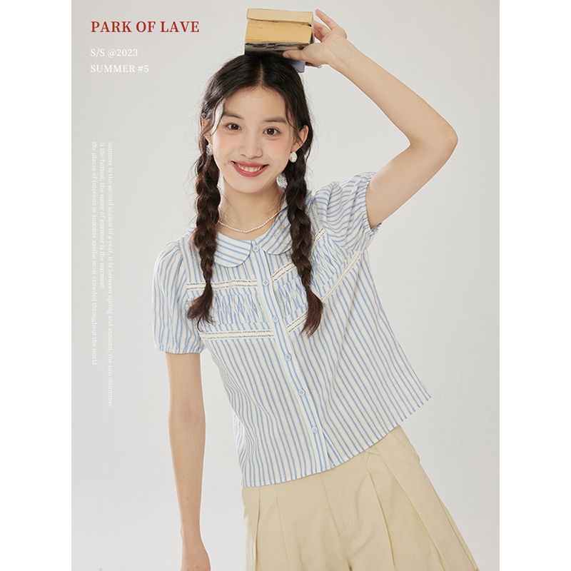 PARK OF LAVE/蔚蓝商店/法式蓝色条纹司马克花边衬衫女短袖上衣夏