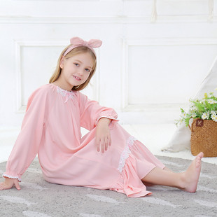 新款长袖女童纯棉绸超柔软粉色长款宫廷公主睡裙睡衣家居服可外穿