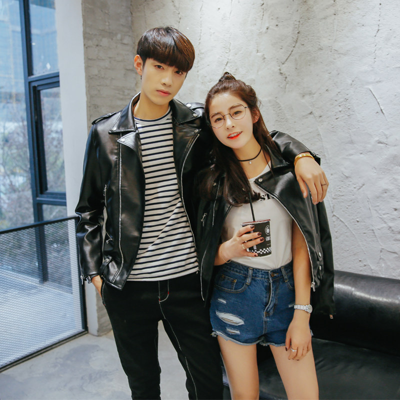 slp风格机车皮衣女短款韩版2017春新款情侣款pu皮夹克修身男外套
