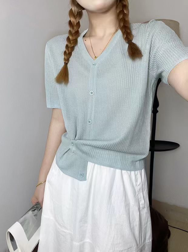 18187短袖V领单排扣薄款天丝棉针织开衫短款T恤专柜品质夏季女装