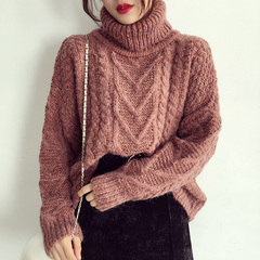 包邮！韩国复古麻花杂色休闲厚款套头高领冬装新款针织毛衣女宽松