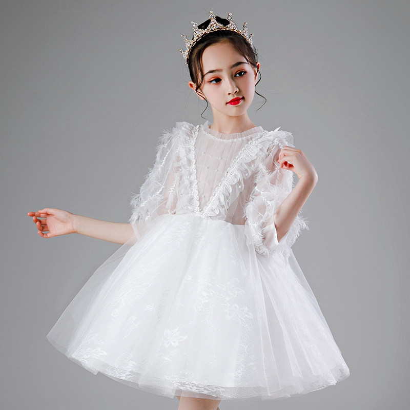 女童白色婚纱裙子儿童礼服春秋夏季花童公主裙蓬蓬连衣裙演出服装