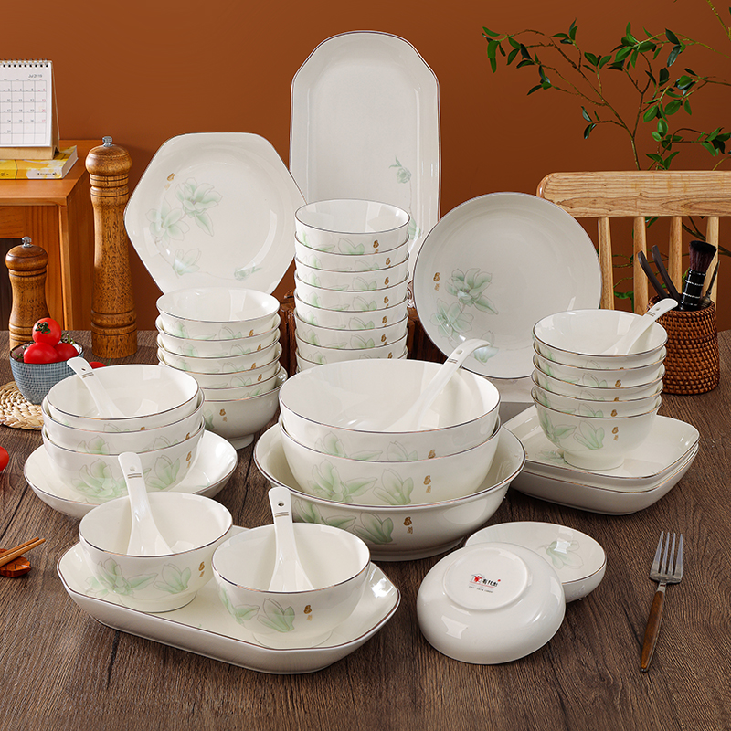 金边碗碟套装家用中式陶瓷碗餐具饭碗菜盘欧式简约碗盘组合带汤碗