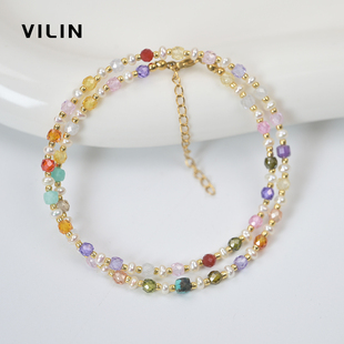 Vilin原创 夏季新款混彩天然石彩虹糖果珍珠项链手工设计锁骨链女