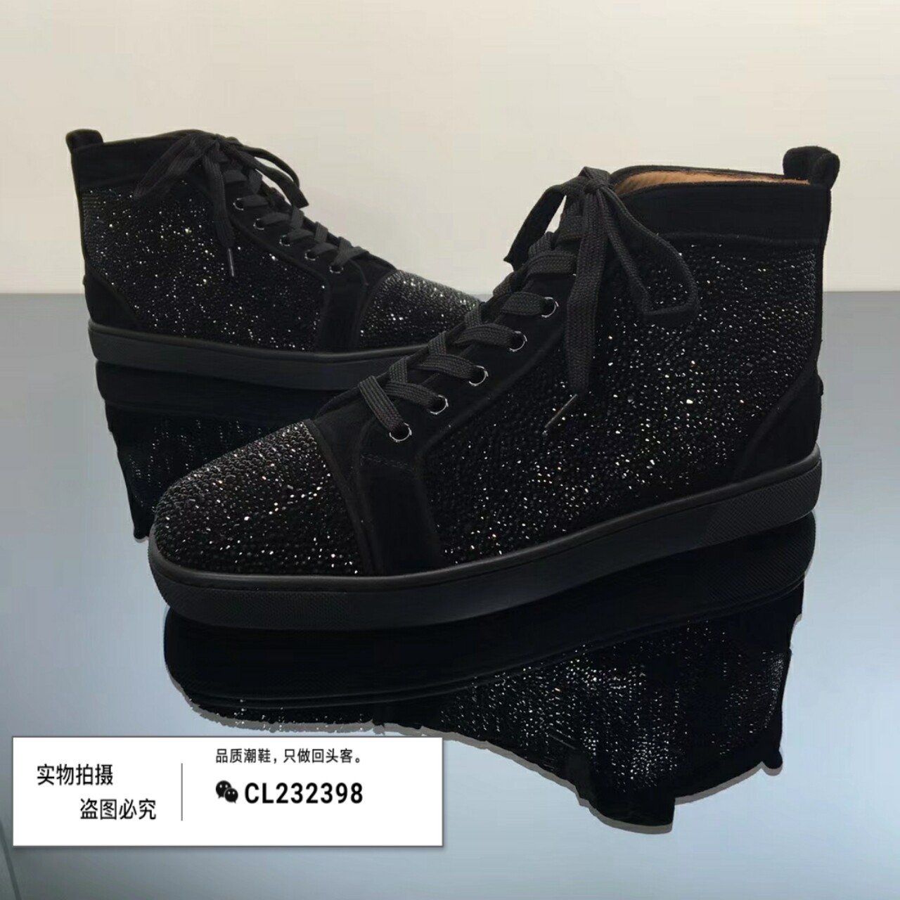 2021秋冬gz cl高帮男鞋黑绒皮黑钻烫钻平底休闲鞋红底女鞋情侣鞋