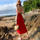 墨颜海边度假中长款沙滩裙高开叉吊带连衣裙系带红色大露背长裙