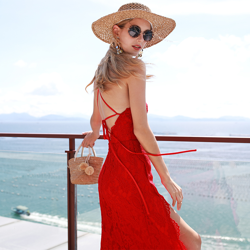 夏女红色沙滩裙气质挂脖连衣裙 性感
