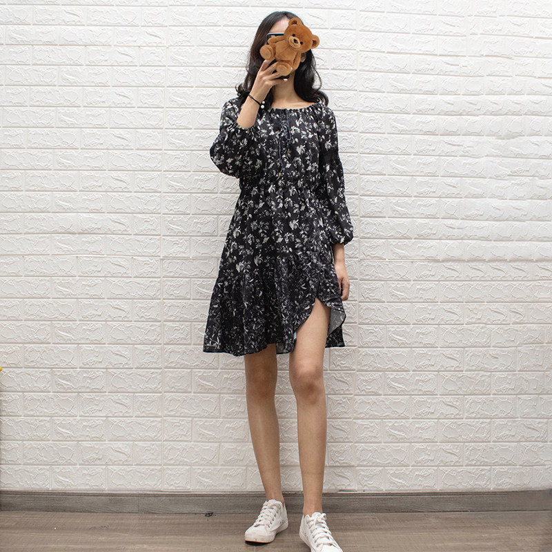 able jeans女士连衣裙黑白碎花夏季新品淑女范雪纺裙装连身女裙子