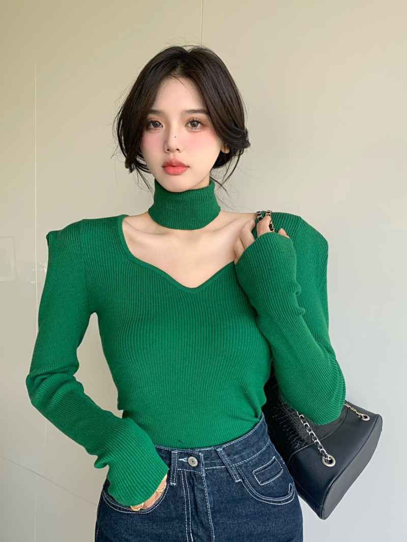 秋冬厚款针织衫气质毛衣女复古围脖方领泡泡袖正肩短款打底衫上衣