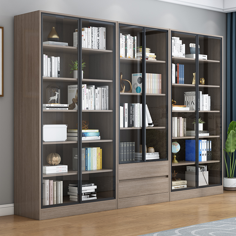 书柜书架玻璃门简约北欧轻奢现代落地书房家用客厅组合实木储物柜