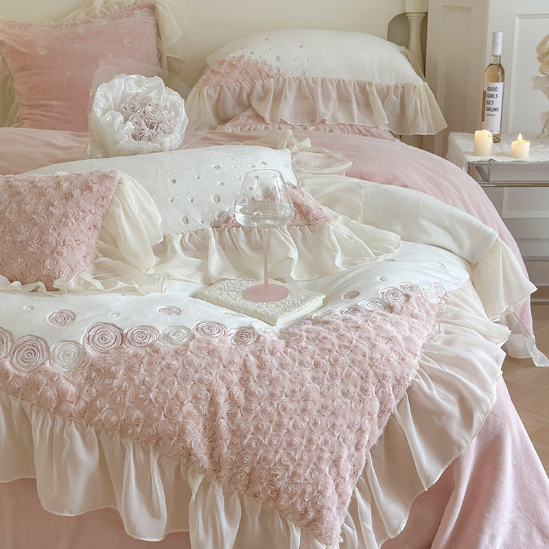 法式巴黎公主风保暖牛奶绒四件套冬天珊瑚绒加厚粉色被套床上用品
