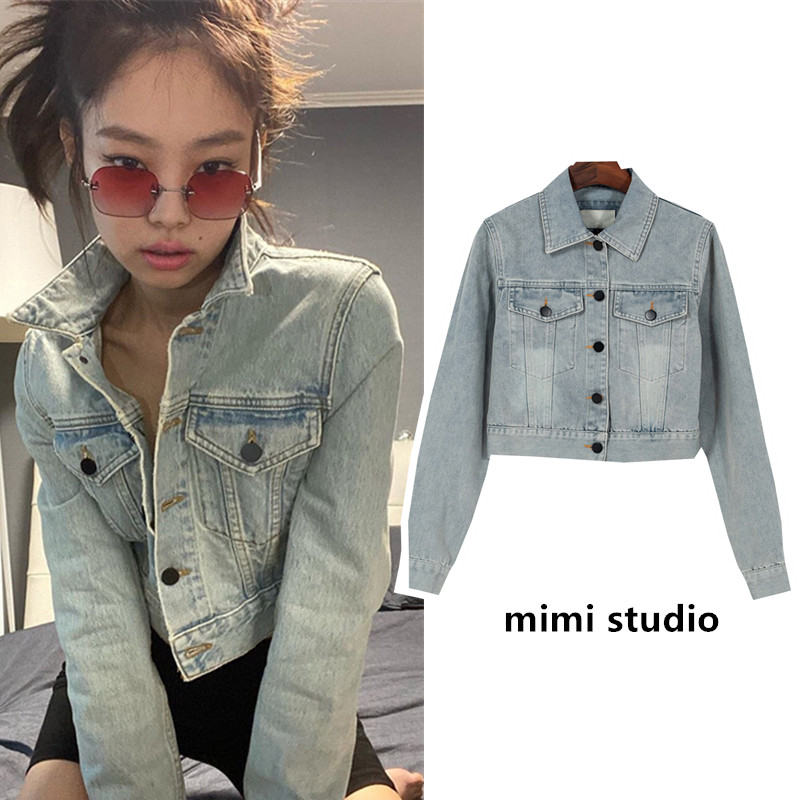 blackpink金智妮jennie同款水洗蓝做旧牛仔外套短款上衣秋装潮牌