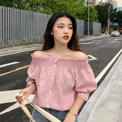 实价实拍 夏季韩版新款粉色一字肩竖条纹衬衫女短袖chic上衣