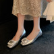 2024年春夏新款法式一脚蹬水钻浅口时尚方头银色平底真皮单鞋女