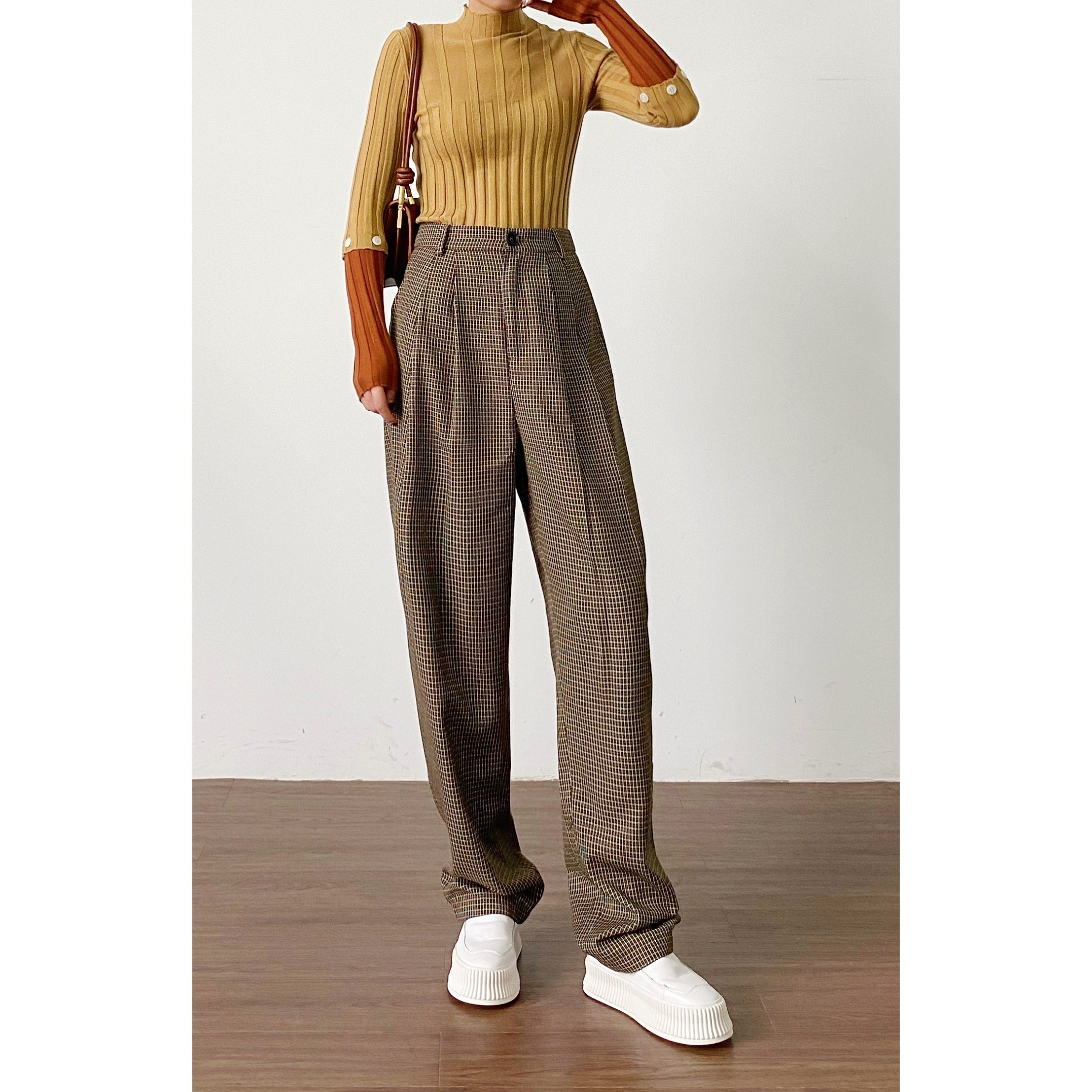 rugosam咖啡色阔腿裤女高腰格纹休闲裤长裤子ck201106005d