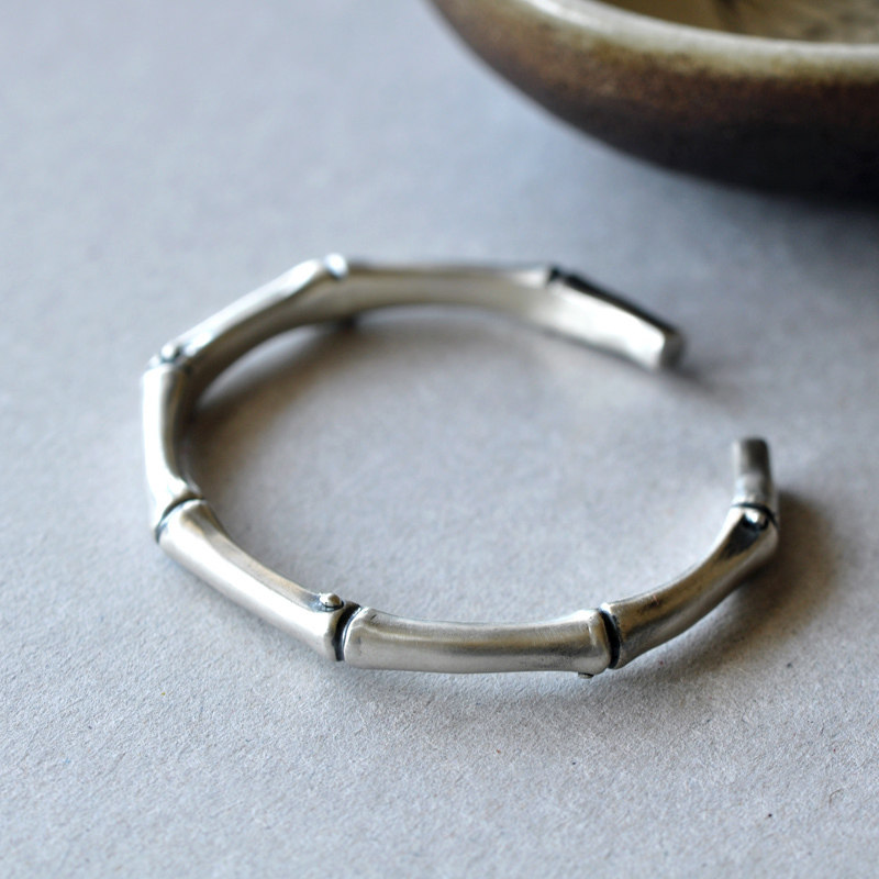 艺圃原创手工竹子手镯女简约开口镯子纯银饰品送女友礼物包邮