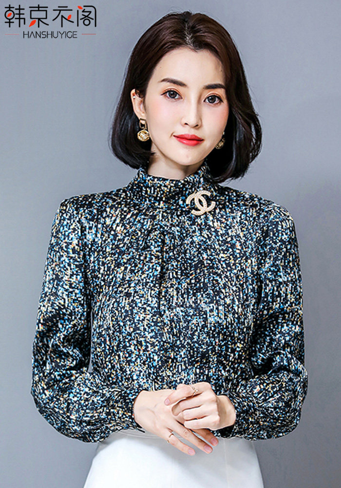 碎花衬衫女长袖真丝上衣缎面小衫秋装新款大码高领桑蚕丝雪纺上衣