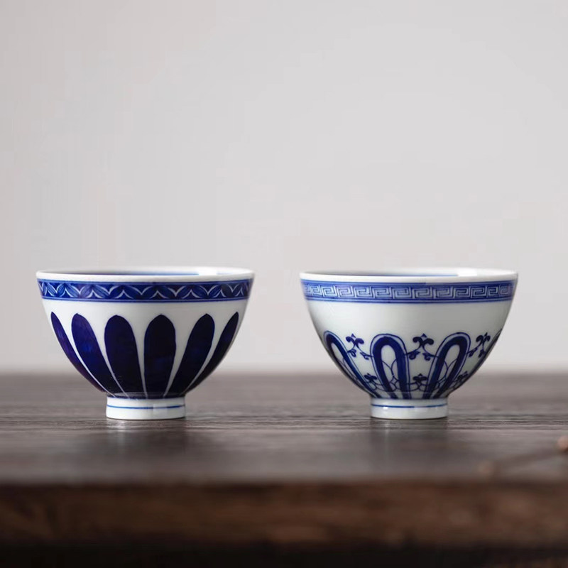 永乐鸡心杯菊瓣纹定制底款手绘青花瓷主人杯子仿古品茗茶盏男景德