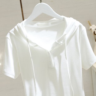 白色连帽短袖t恤女短款2024夏季新款修身显瘦百搭洋气半袖上衣潮