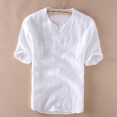 中国风白色圆领五分短袖亚麻T恤男士休闲薄款中袖棉麻半袖男t恤衫