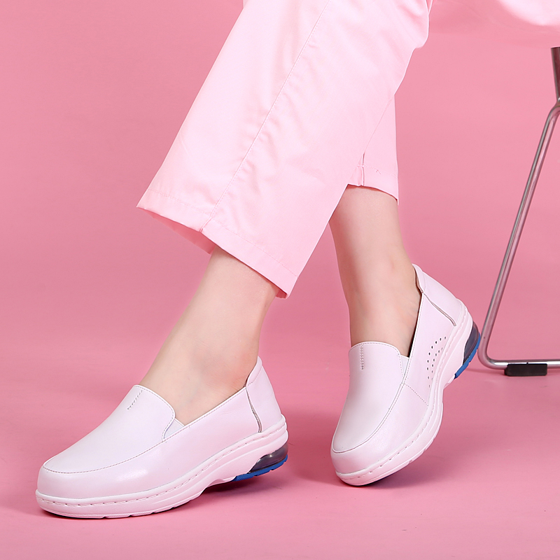 护士鞋女真皮简约舒适防滑气垫软底圆头平跟通勤百搭孕妇小白鞋女
