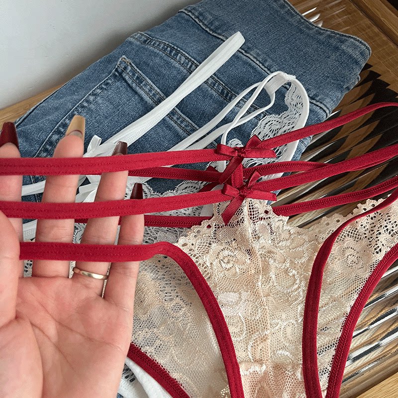 PANTIES私房禁欲系绑带镂空陷阱诱惑三角裤性感蕾丝低腰刺绣美臀