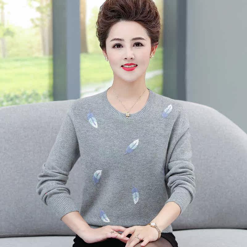 100%羊毛衫中老年套头毛衣女秋冬妈妈装短款针织上衣圆领打底衫