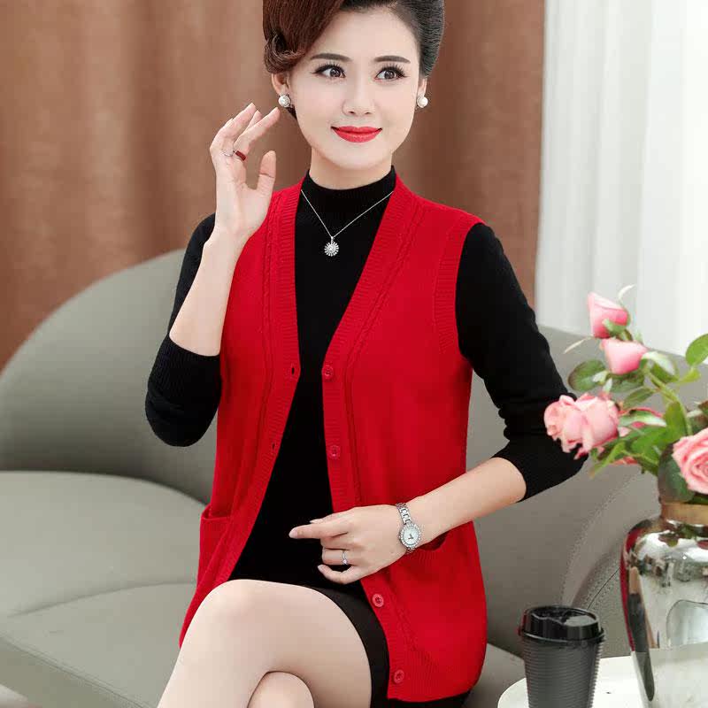 中年妇女妈妈马甲春秋装马夹中老年人纯羊毛背心针织开衫外套短款