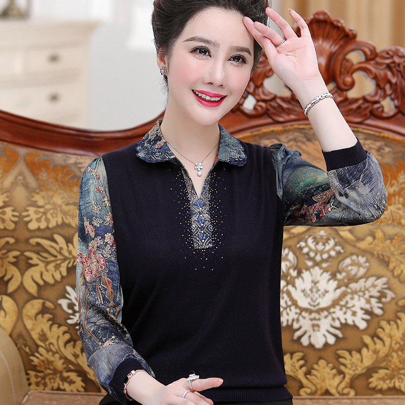 中老年女长袖翻领t恤中年针织洋气雪纺上衣50岁妈妈秋装打底小衫