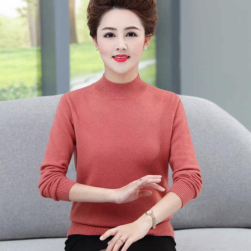 妈妈秋装打底衫长袖中老年毛衣女秋冬100%纯羊毛衫中年洋气上衣薄
