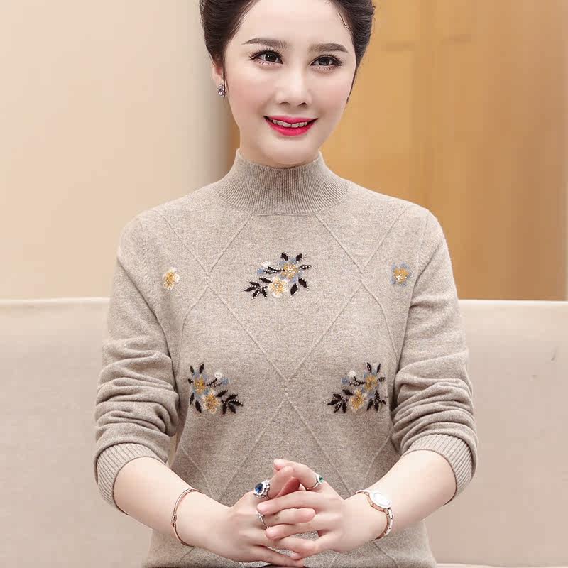 鄂尔多斯市产100纯羊绒衫女正品妈妈秋冬装洋气大码打底衫毛衣厚