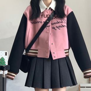 春季新款复古拼接美式粉色短款棒球服外套女学生甜辣宽松夹克上衣