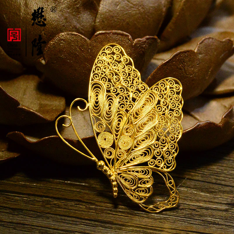 18k金花丝蕾丝蝴蝶镂空吊坠项坠