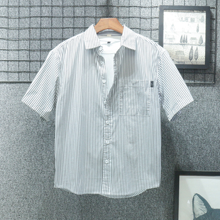香港细条纹白色夏季薄款衬衫男士短袖夏天 简约百搭休闲竖纹衬衣
