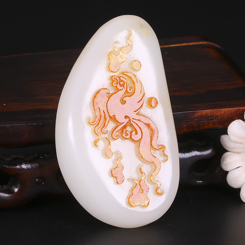 省级玉石雕刻大师杨三喜红皮和田玉羊脂玉凤凰挂件42.528克