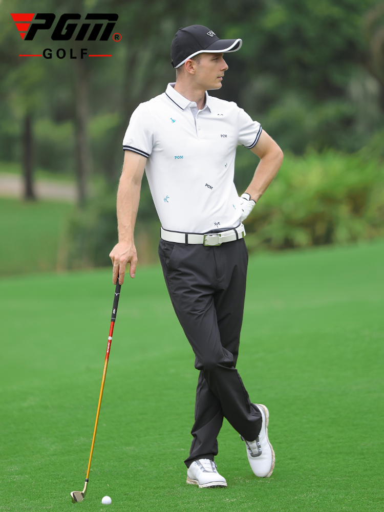 pgm高尔夫男装短袖t恤golf服装夏季印花休闲翻领白色运动polo衫