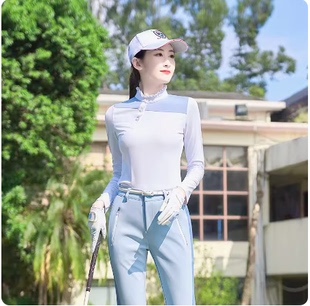 春秋高尔夫球女士套装长袖T恤防晒速干衫花边高领白蓝色运动球衣