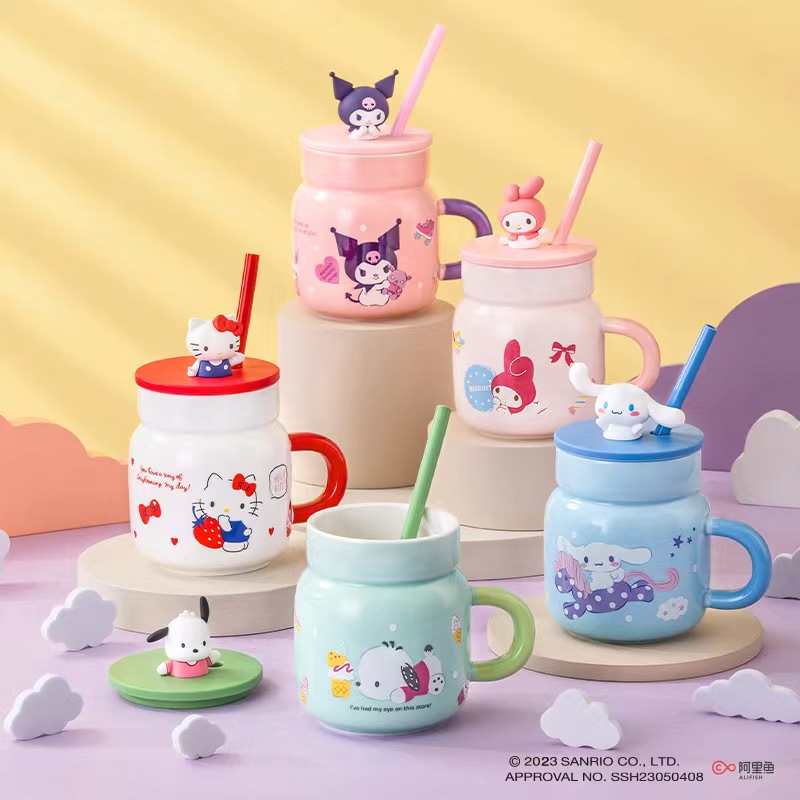 三丽鸥元气吸管马克杯hellokitty陶瓷水杯硅胶盖吸管杯子创意可爱