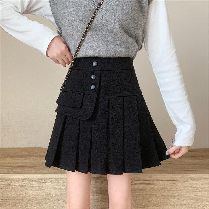 实拍实价冬季毛呢半身裙女韩版显廋百搭设计感不规则百褶短裙