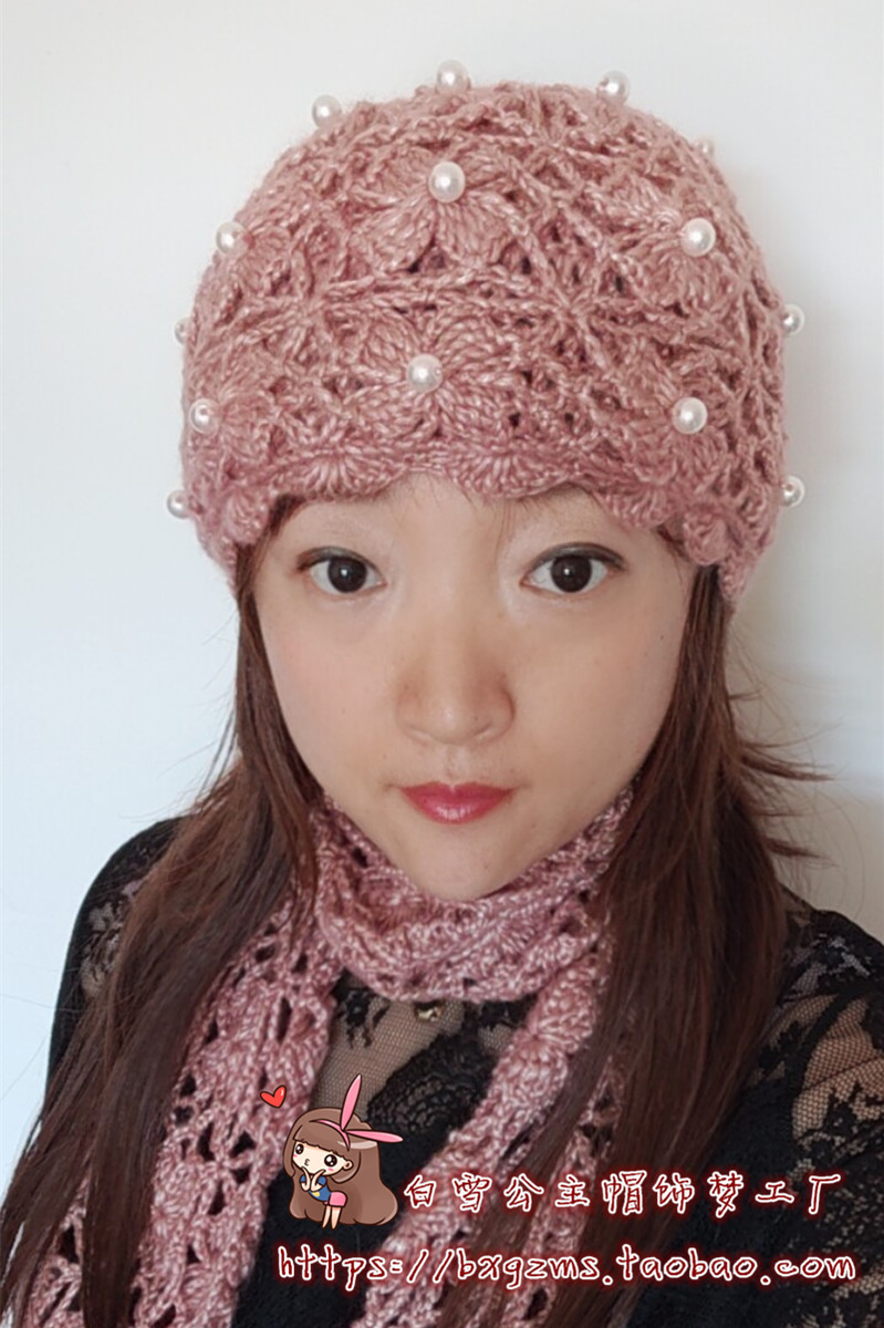 原创秋冬新款欧美流行时尚手工缝珠钩花双层保暖针织优雅包头帽子