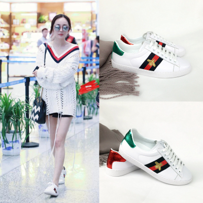 明星同款杨幂小蜜蜂刺绣韩版小白鞋女平底系带真皮休闲运动板鞋潮