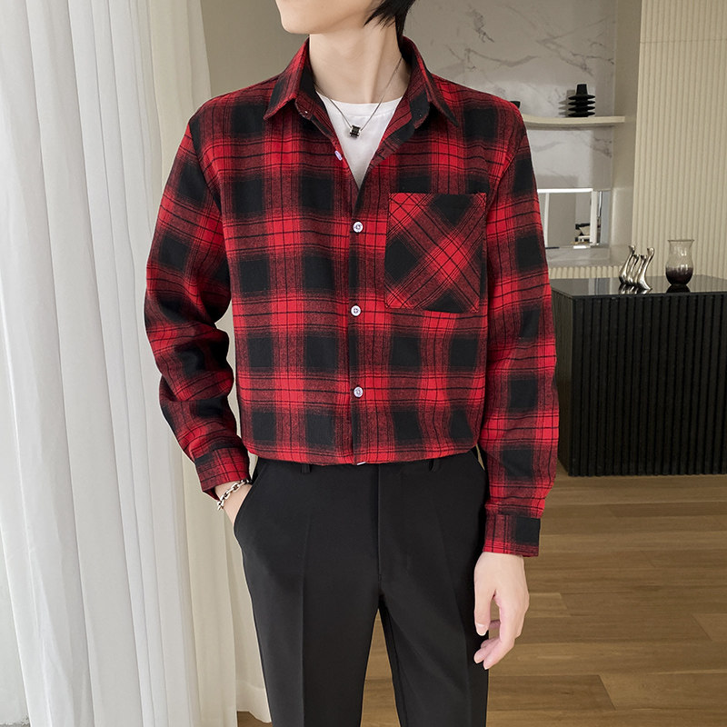 一折格子衬衫男 长袖 学生 文艺_复古日系红色格子衬衫男长袖棉衬衣