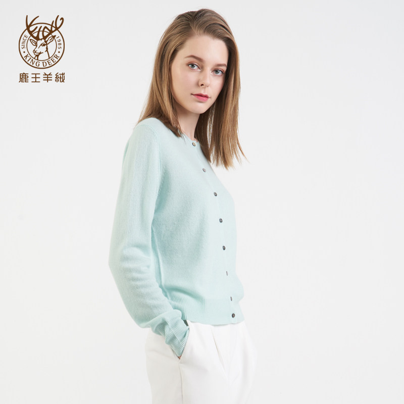 冬正品鹿王女装山羊绒衫长袖单排扣平针圆领纯色打底百搭开衫毛衣