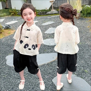 国风套装女童熊猫短袖上衣中裤两件套儿童