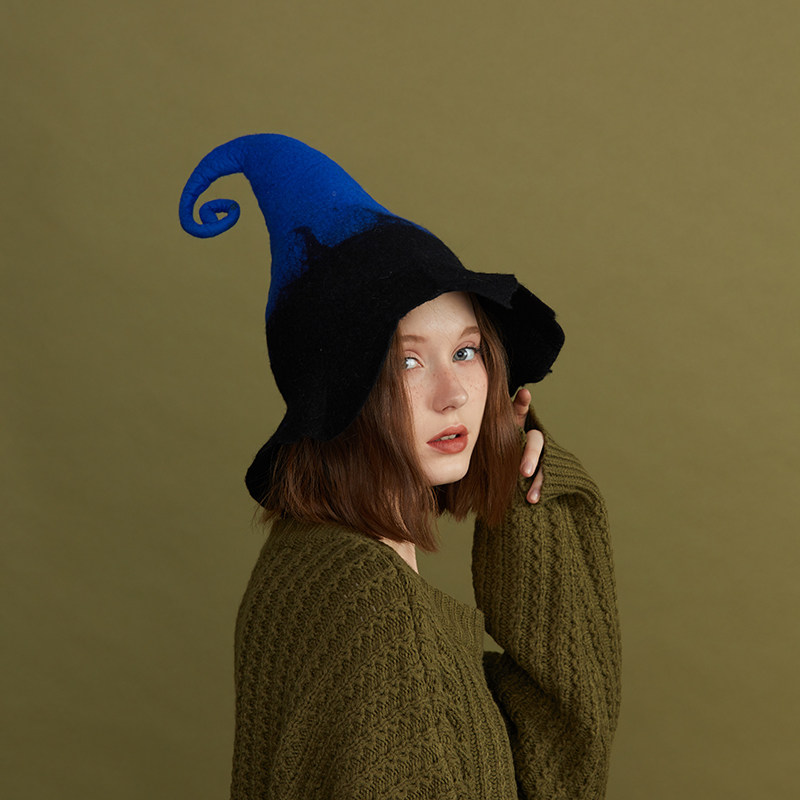 瘦瘦原创设计魔法师高筒蓝黑色帽矮人精灵帽彗星魔力万圣节女巫帽