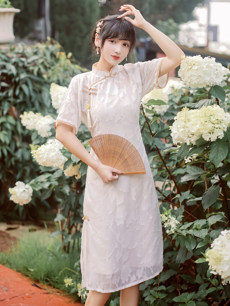 6258#现货复古雪纺剪花宽松旗袍少女中长款两件套控价 40,女装婚纱