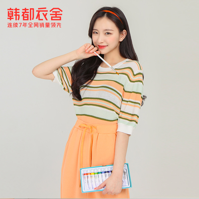 韩都衣舍旗舰店2021春季新款韩版女装镂空薄款宽松短袖毛针织衫