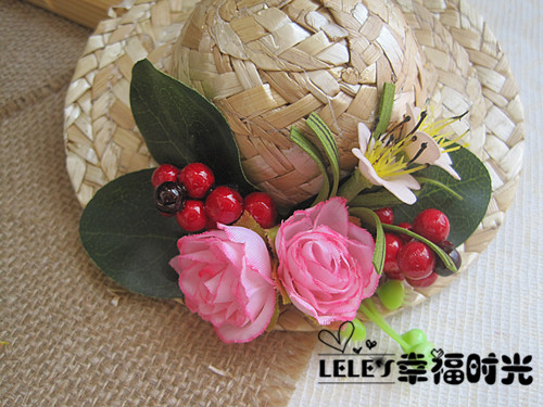 花朵饰品 仿真浆果 绿叶小蔷薇花朵 草帽边夹 发饰 服装造型搭配